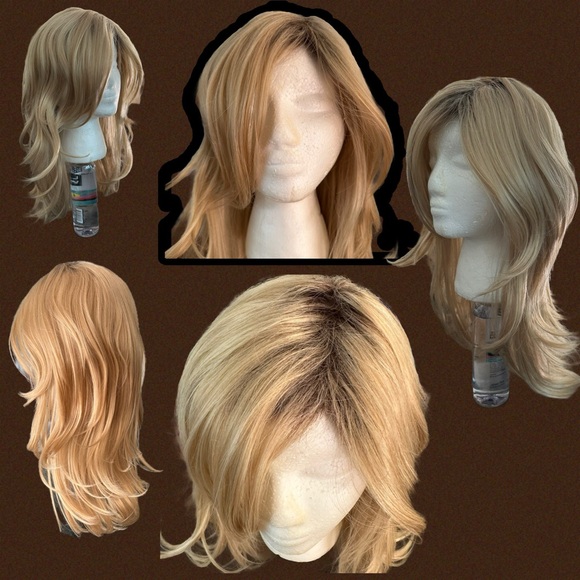 Wig Blonde Brown Roots Shoulder Length Long Shaggy Flaxen Free Part Side Part - Picture 2 of 16